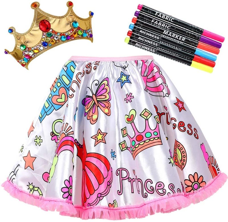 RICHNESS Color Your Own Dress Princess Dress Up Skirt with Fabric Markers & Self-Adhesive Jewels DIY Party Crafts for Girls Age 4-6 â€¦ - Image 1